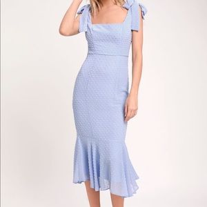 Lulu’s Bimini Blue Swiss Dot Tie-Strap Midi Dress